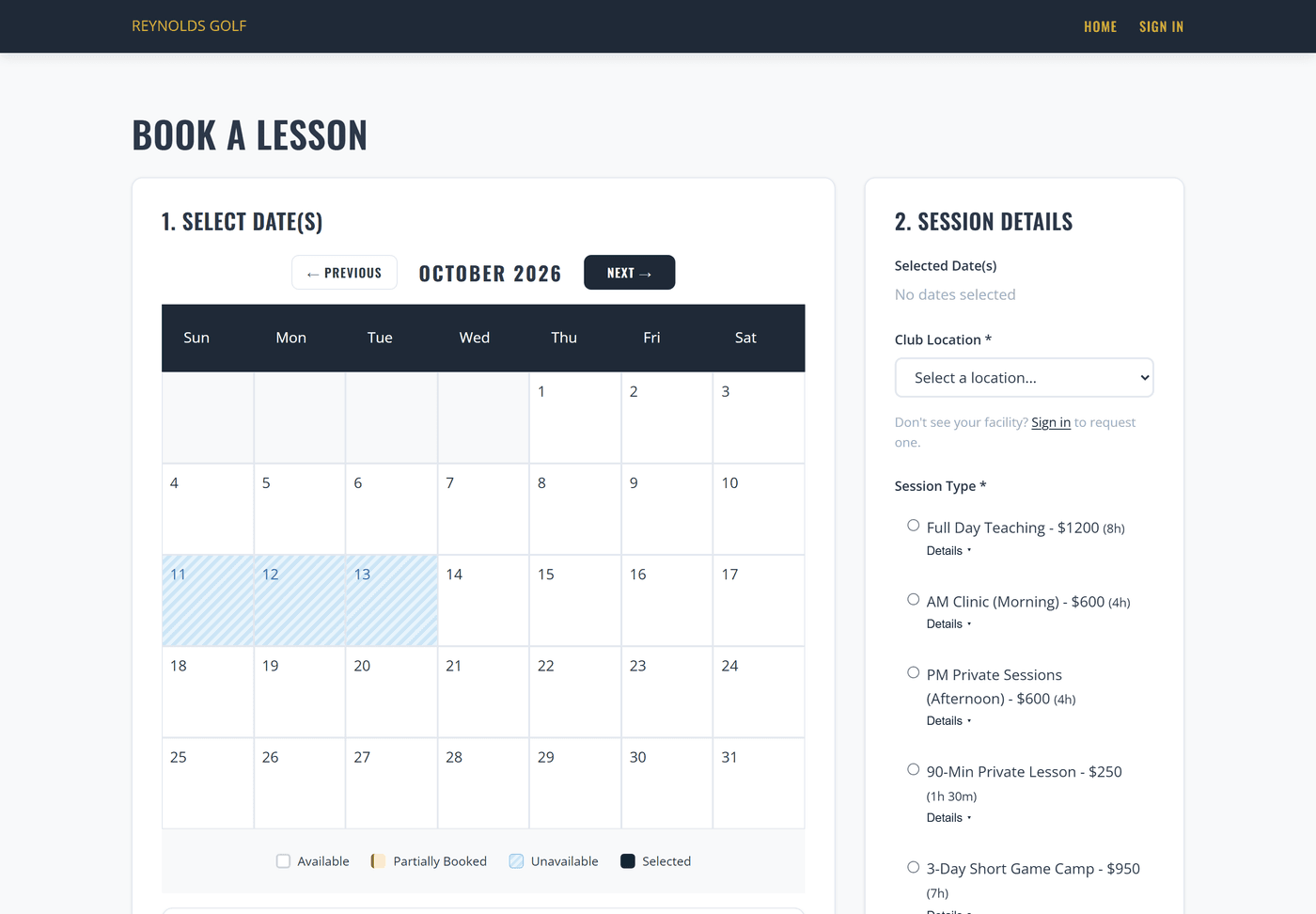 Calendar showing available and blocked-out dates