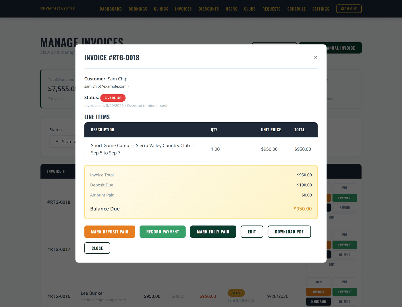 An invoice showing line items, deposit due and balance due